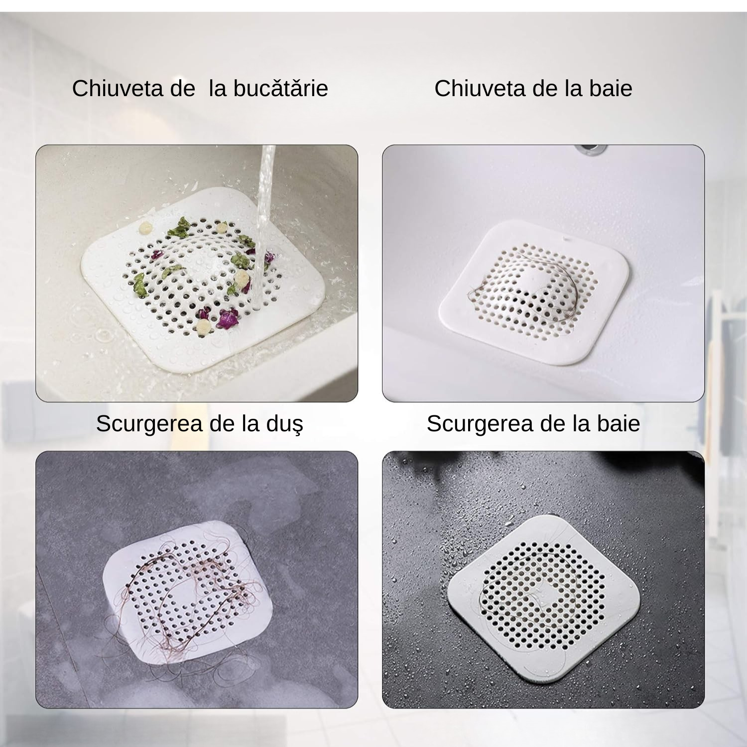 Sitǎ de scurgere din silicon, cu ventuze, pentru chiuvetǎ şi cadǎ